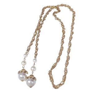 Vintage lariat flapper tie front chain and faux pearl necklace.